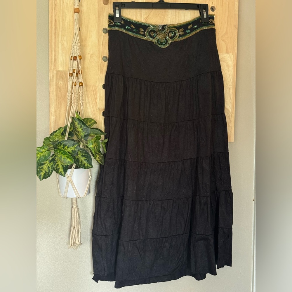 Vintage Jennifer Lauren Missy Beaded Elegant Black Tiered Maxi Skirt Size MEDIUM